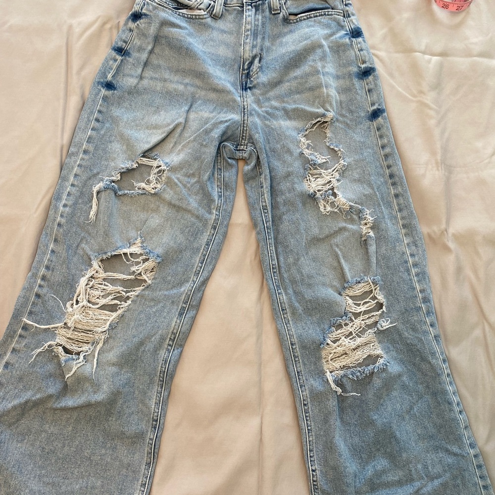 Blue Flare Wide Leg Distressed Jeans